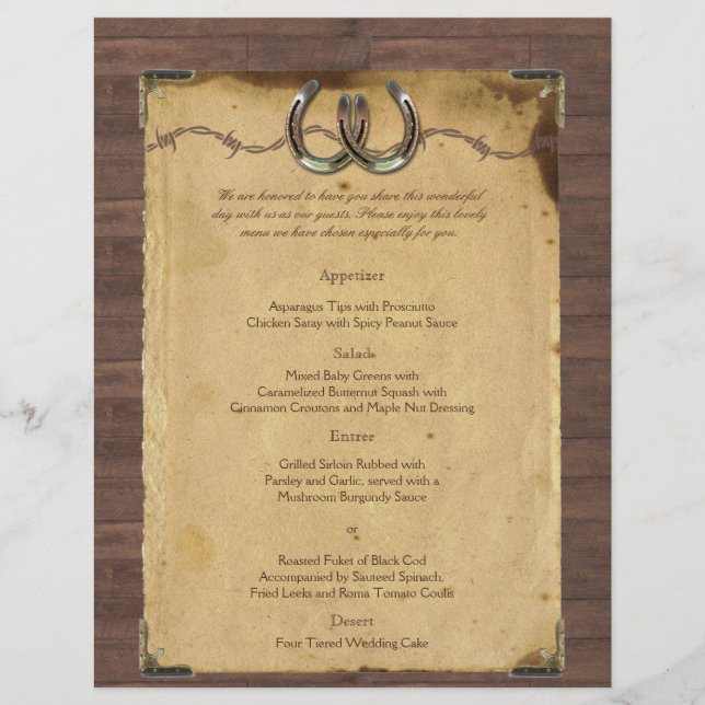 Rustic Country Horseshoes Wedding Menu (Front)