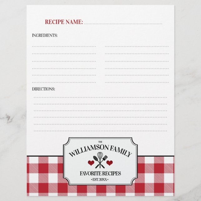 Rustic Country Kitchen Family Recipe Binder Insert (Front)