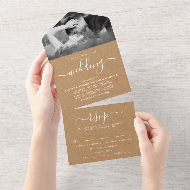 Rustic Country Kraft Simple Script Wedding All In One Invitation (Tearaway)