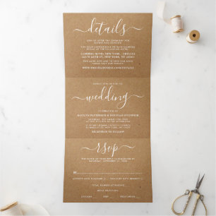 Rustic Country Kraft Simple Script Wedding Suite Tri-Fold Invitation