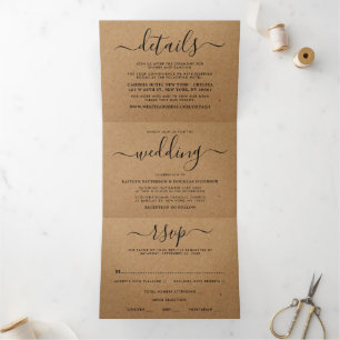 Rustic Country Kraft Simple Script Wedding Suite Tri-Fold Invitation
