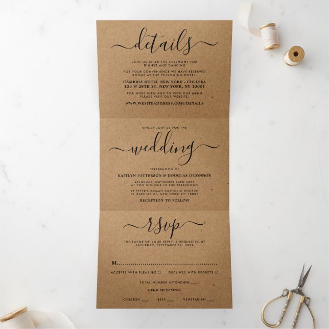 Rustic Country Kraft Simple Script Wedding Suite Tri-Fold Invitation (Inside)