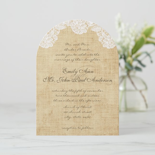 Rustic Country Lace and Burlap Wedding Invitations (Standing Front)