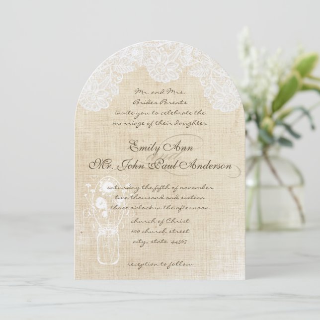Rustic Country Lace and Burlap Wedding Invitations (Standing Front)