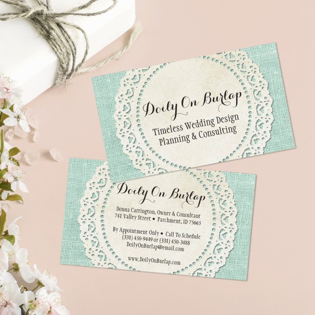 Rustic Country Lace Doily on Aqua Blue Burlap Business Card (Creator Uploaded)