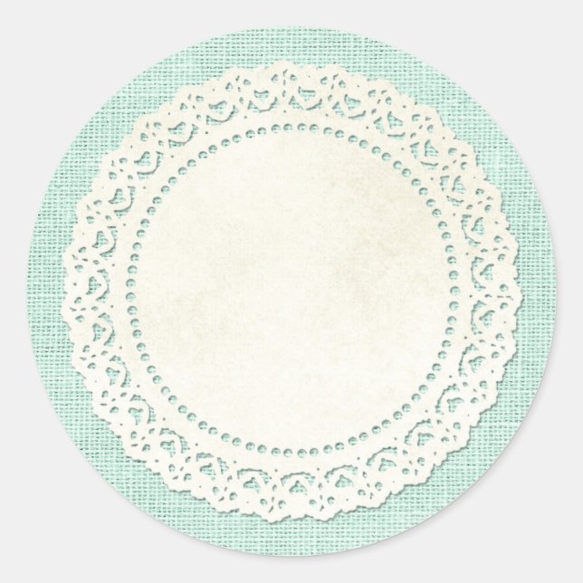 Rustic Country Lace Doily on Aqua Blue Burlap Classic Round Sticker (Front)