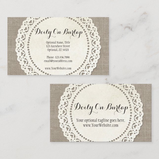 Rustic Country Lace Doily on Natural Brown Burlap Business Card (Front/Back)