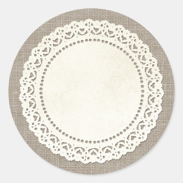 Rustic Country Lace Doily on Natural Brown Burlap Classic Round Sticker (Front)