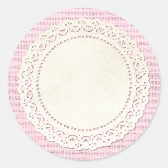 Rustic Country Lace Doily on Shabby Pink Burlap Classic Round Sticker (Front)