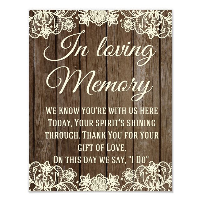 Rustic Country Lace In loving Memory Wedding Sign (Front)