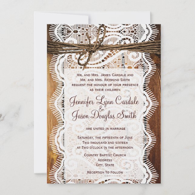 Rustic Country Lace Twine Wood Wedding Invites (Front)
