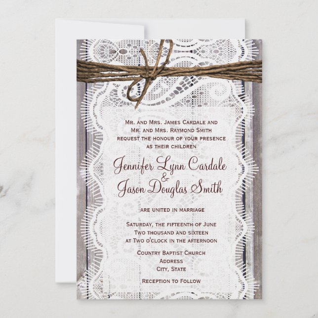 Rustic Country Lace Twine Wood Wedding Invites (Front)