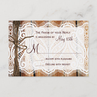 Rustic Country Lace Twine Wood Wedding RSVP Card