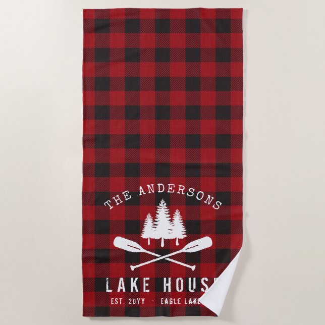 Rustic Country Lake House Tree Red Buffalo Plaid Beach Towel (Front)
