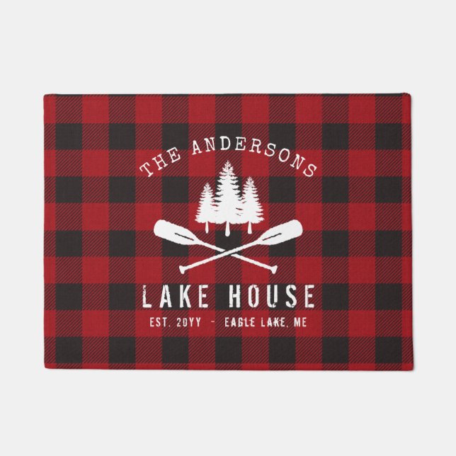 Rustic Country Lake House Tree Red Buffalo Plaid Doormat (Front)