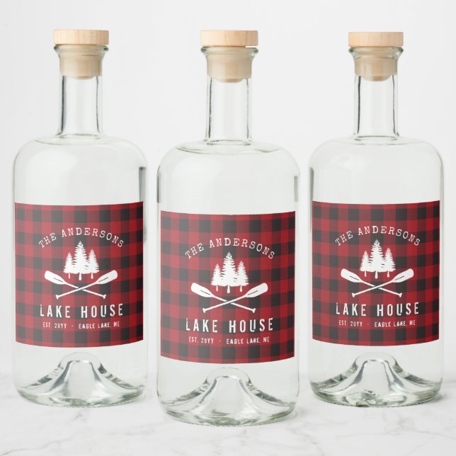 Rustic Country Lake House Tree Red Buffalo Plaid Liquor Bottle Label (Bottles)