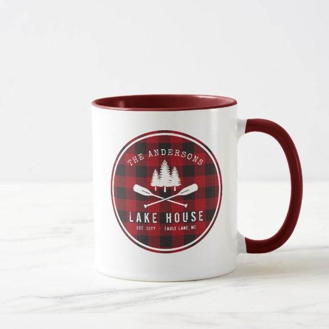 Rustic Country Lake House Tree Red Buffalo Plaid Mug (Right)