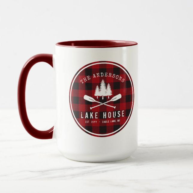 Rustic Country Lake House Tree Red Buffalo Plaid Mug (Left)