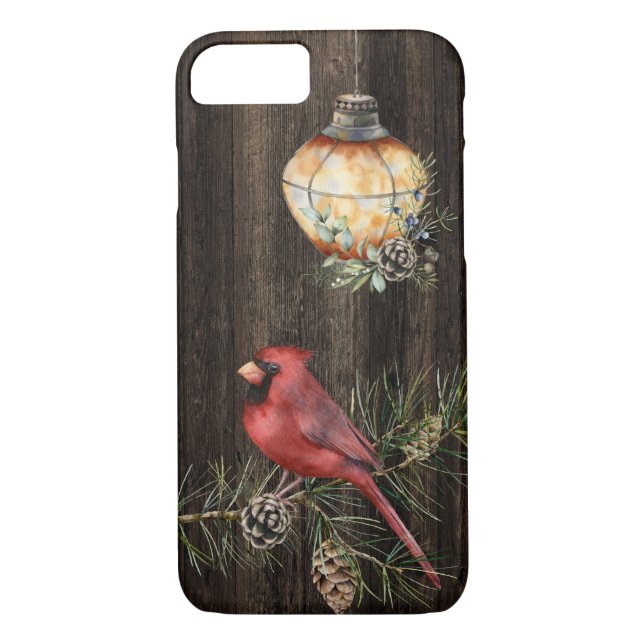 Rustic Country Lantern and Red Bird on Barn Wood Case-Mate iPhone Case (Back)