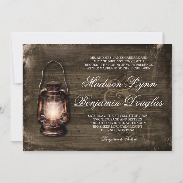 Rustic Country Lantern Barn Wood Wedding Invites (Front)