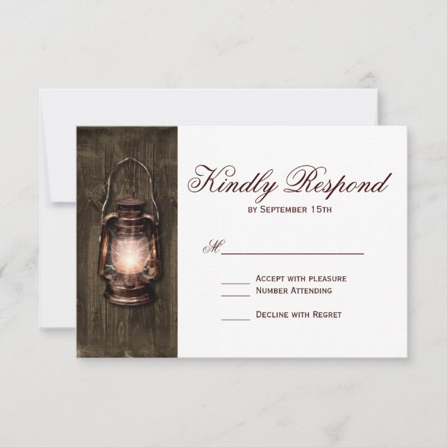 Rustic Country Lantern Barn Wood Wedding RSVP Card (Front)
