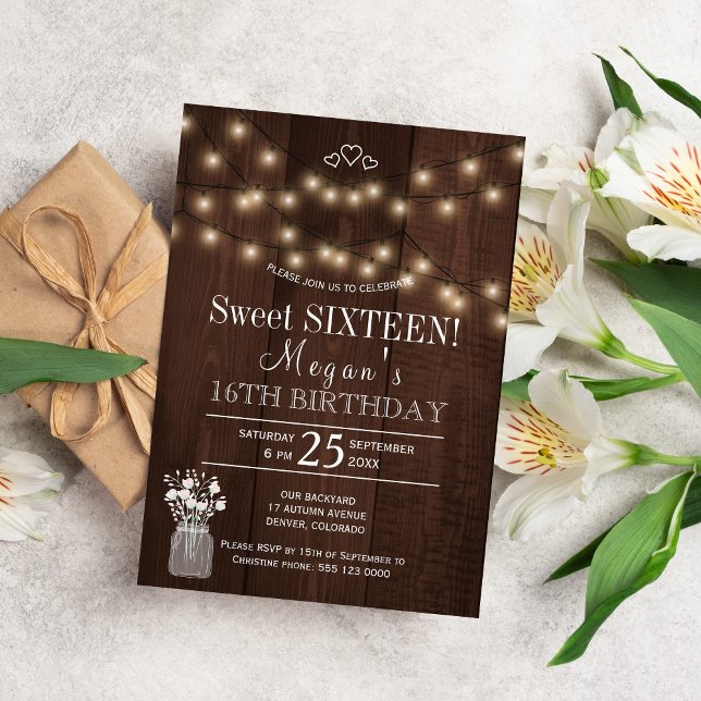Rustic country lights barn wood sweet sixteen invitation (Creator Uploaded)