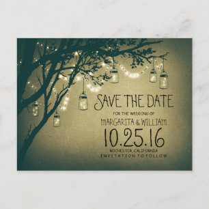 rustic country lights mason jars save the date announcement postcard