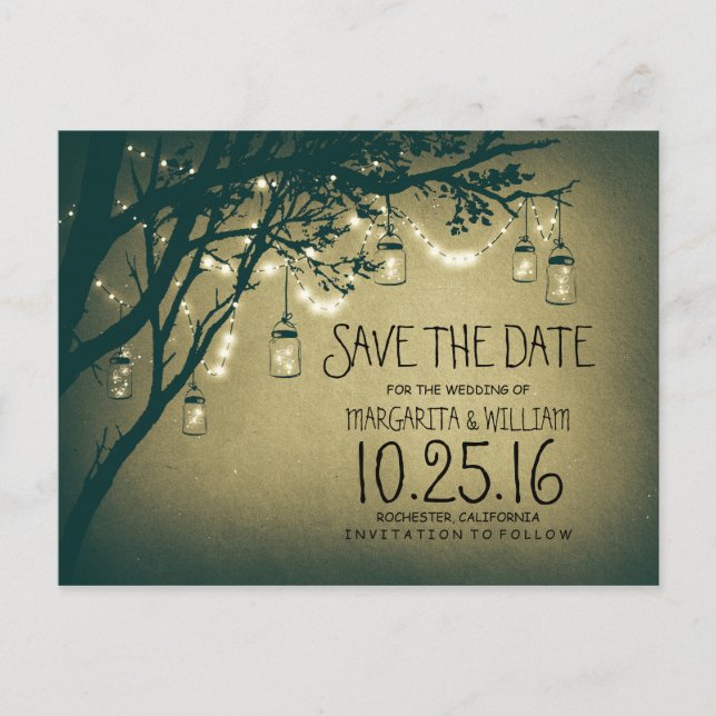 rustic country lights mason jars save the date announcement postcard (Front)