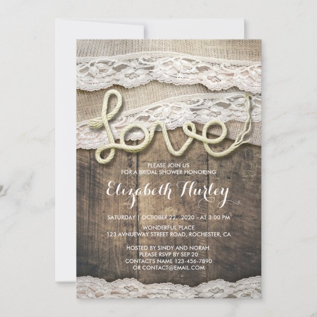 Rustic Country Love Rope Burlap Lace Bridal Shower Invitation (Front)