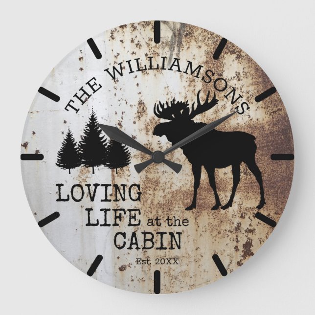 Rustic Country Loving Life at the Cabin Moose Large Clock (Front)