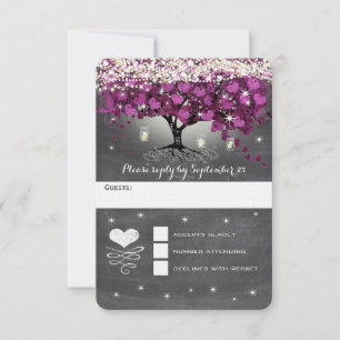 Rustic Country Luxe Purple Heart Leaf Wedding RSVP Card