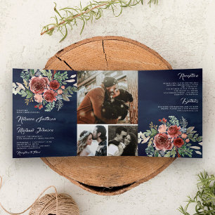 Rustic Country Marsala Floral Navy Blue Wedding Tri-Fold Invitation