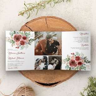 Rustic Country Marsala Floral Wedding Tri-Fold Invitation