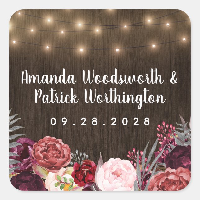 Rustic Country Marsala Peony Fall Wedding Favour Square Sticker (Front)