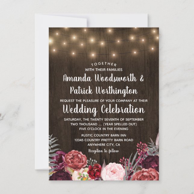 Rustic Country Marsala Peony Wedding Invitations (Front)