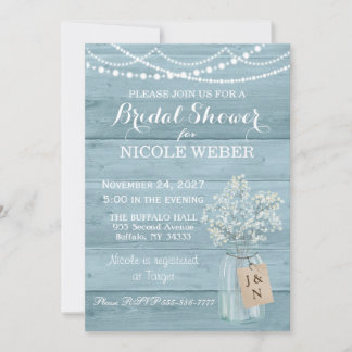 Rustic Country Mason Jar Blue Bridal Shower Invite