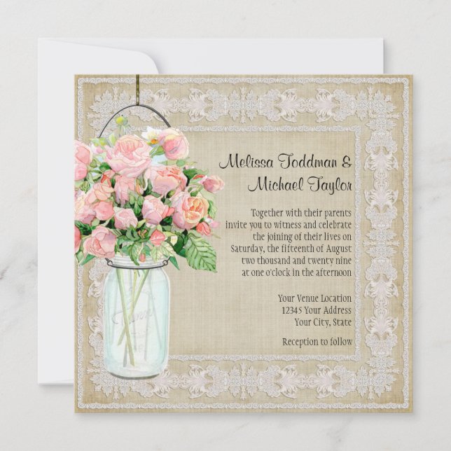 Rustic Country Mason Jar Blush Pink Roses Bouquet Invitation (Front)