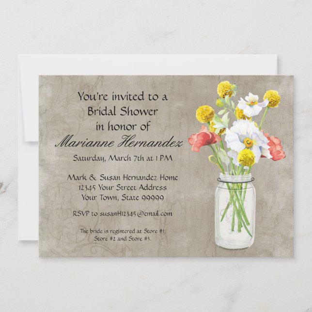 Rustic Country Mason Jar Bouquet Crackle Swirls Invitation (Front)