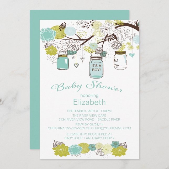 Rustic Country Mason Jar Boys Baby Shower Invitation (Front/Back)