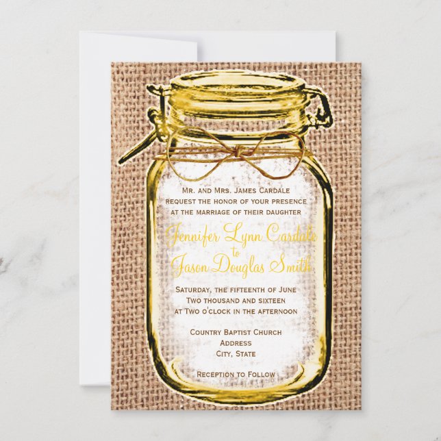 Rustic Country Mason Jar Burlap Wedding Invitation (Front)