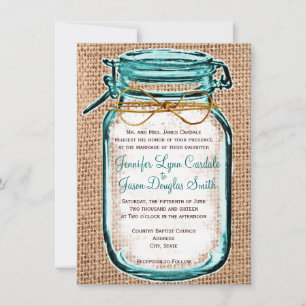 Rustic Country Mason Jar Burlap Wedding Invitation
