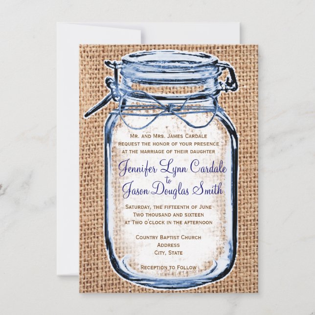 Rustic Country Mason Jar Burlap Wedding Invitation (Front)