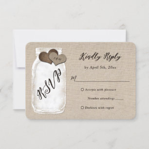 Rustic Country Mason Jar Burlap Wedding RSVP Card