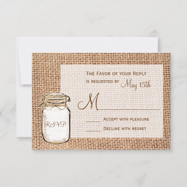 Rustic Country Mason Jar Burlap Wedding RSVP Cards (Front)