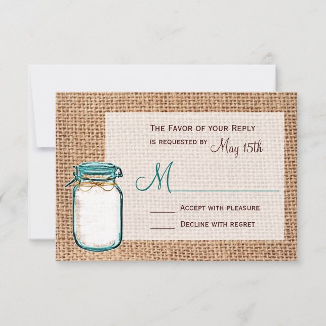 Rustic Country Mason Jar Burlap Wedding RSVP Cards (Front)
