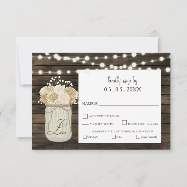 Rustic Country Mason Jar Daisy Barn Wood Wedding RSVP Card (Front)