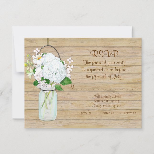 Rustic Country Mason Jar Flowers White Hydrangeas RSVP Card (Front)