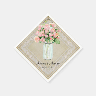 Rustic Country Mason Jar Handkerchief Blush Roses Napkin