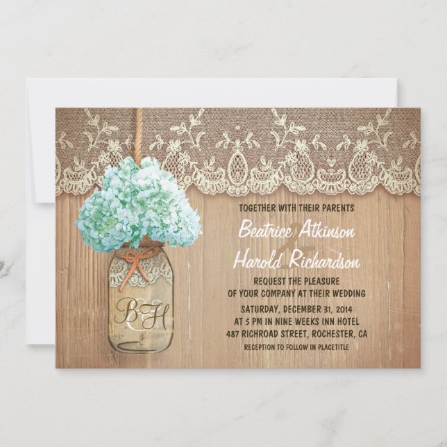 rustic country mason jar hydrangea wedding invitation (Front)