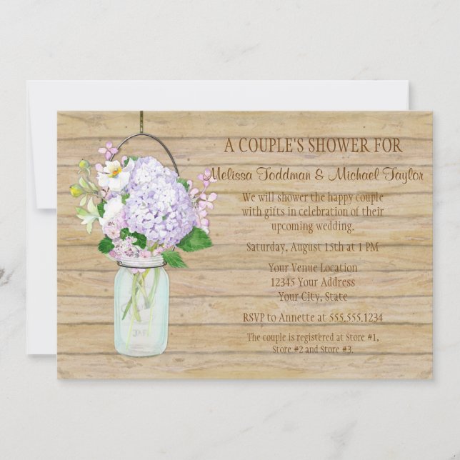 Rustic Country Mason Jar Lavender Floral Hydrangea Invitation (Front)